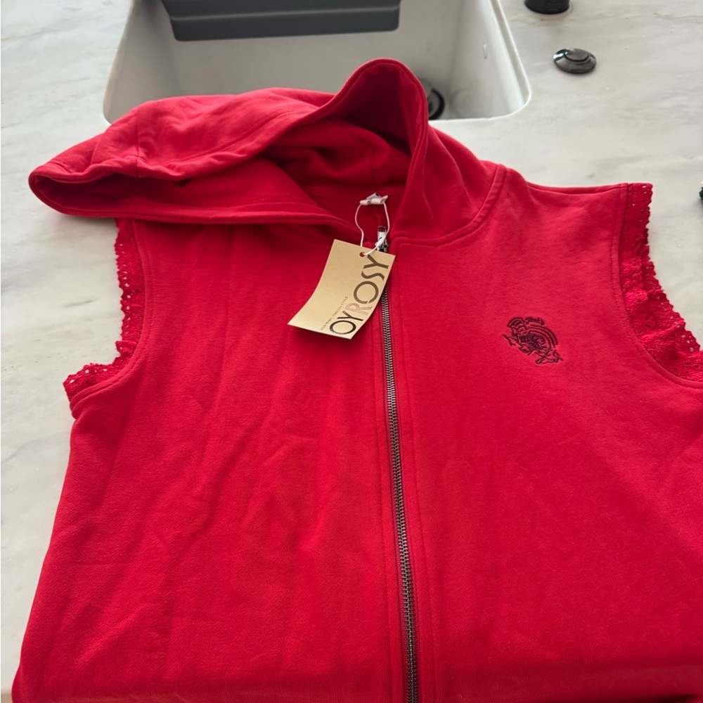 Soho Bright Red Hooded Sleeveless Zip-Up Top